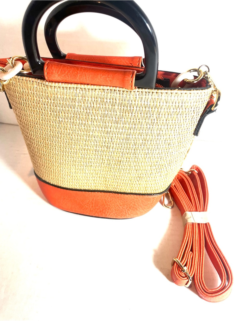 NWT Straw Tote Handbag Orange Vegan Leather Crossbody 3-Piece Set - Picture 5 of 12